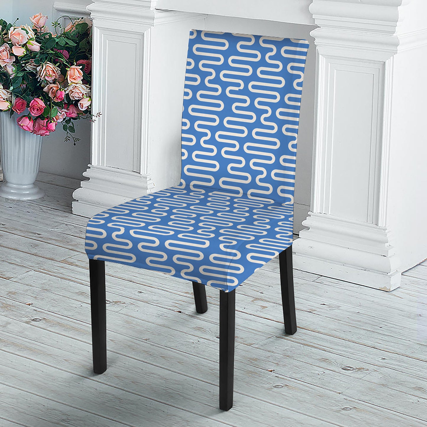 Blue And White DNA Pattern Print Dining Chair Slipcover
