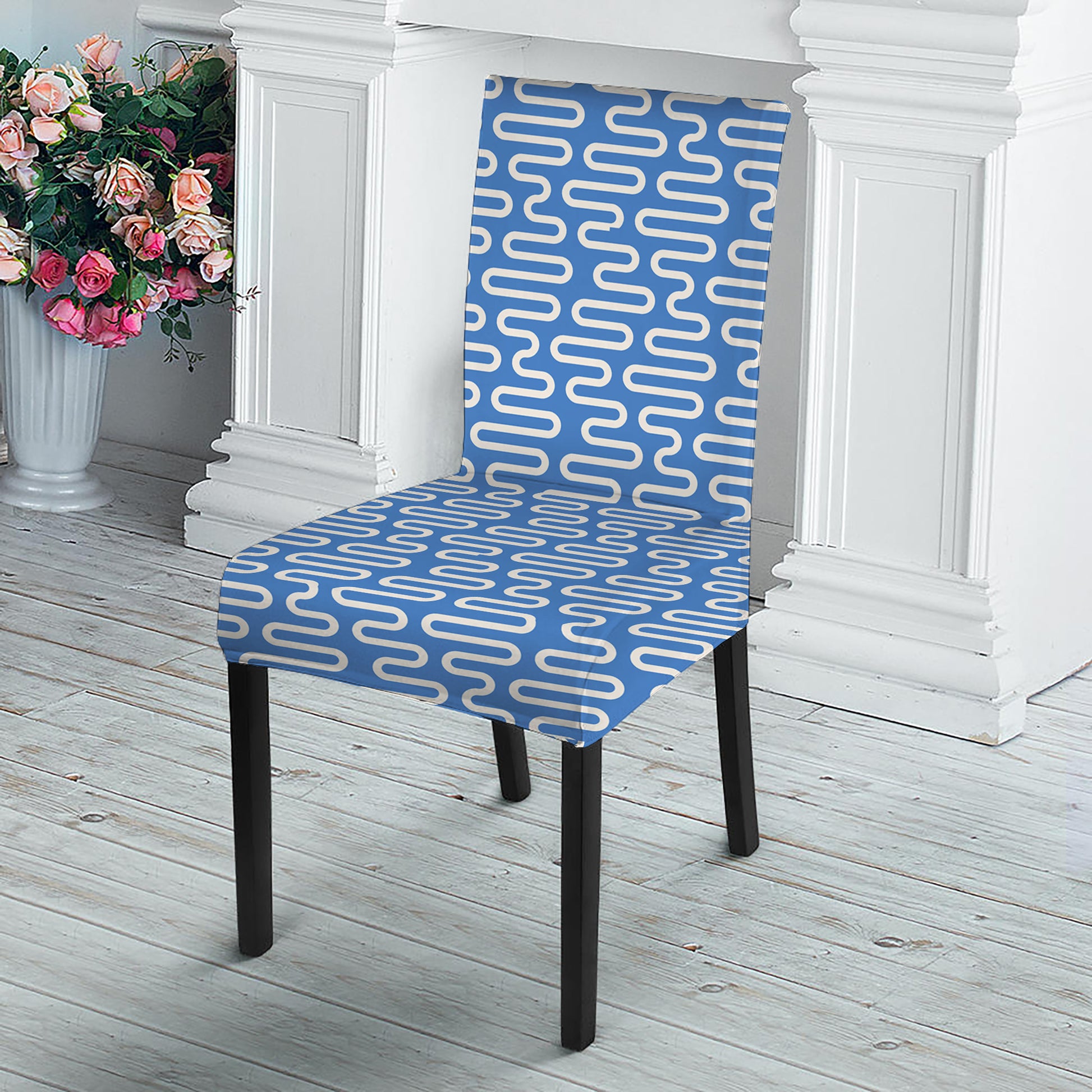 Blue And White DNA Pattern Print Dining Chair Slipcover