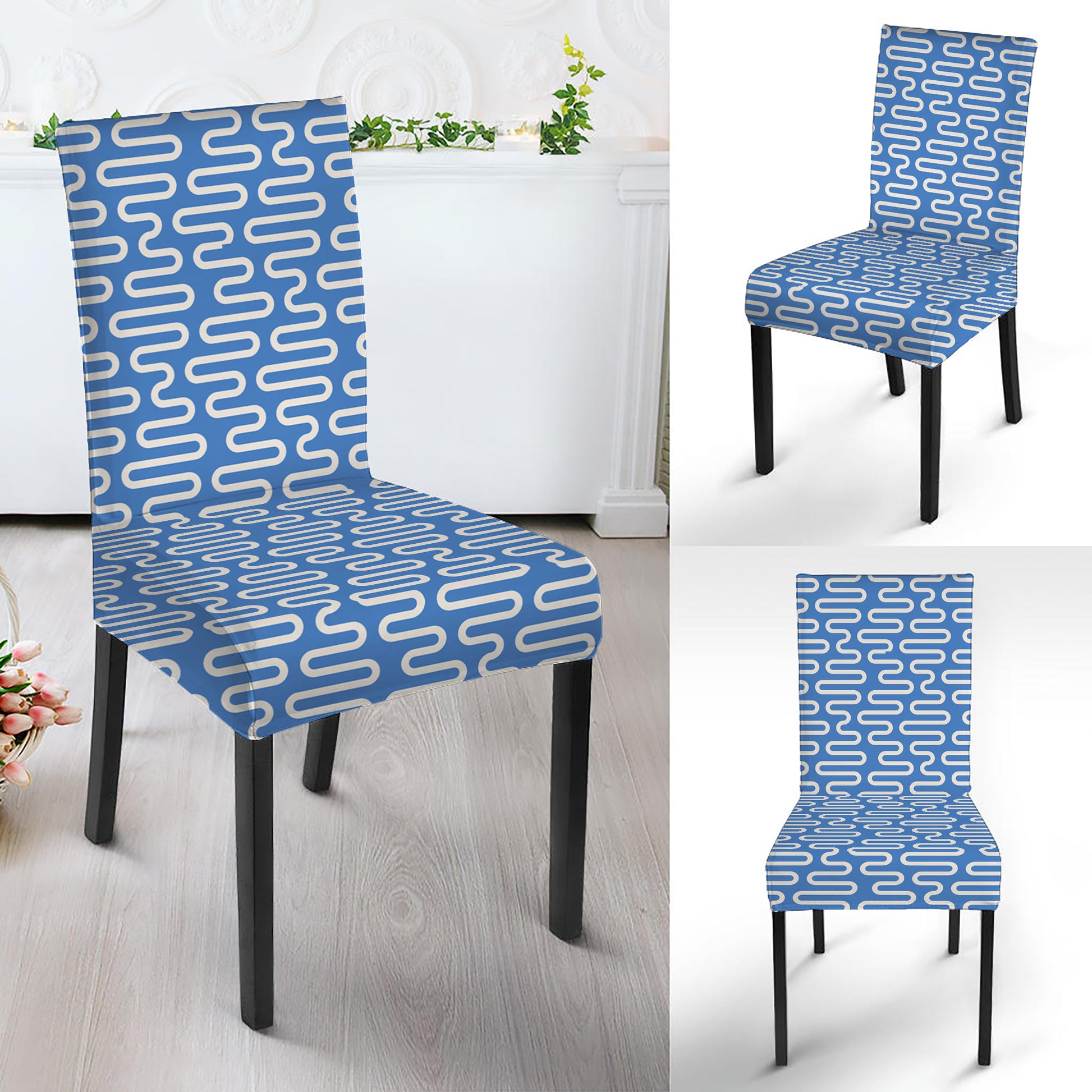 Blue And White DNA Pattern Print Dining Chair Slipcover