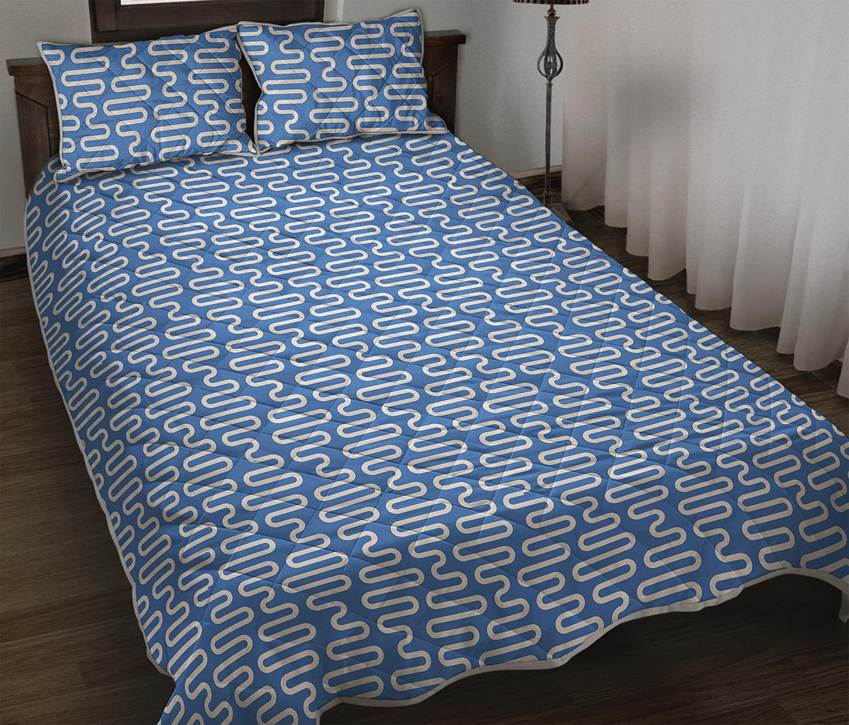 Blue And White DNA Pattern Print Quilt Bed Set