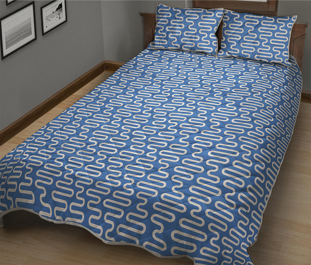 Blue And White DNA Pattern Print Quilt Bed Set