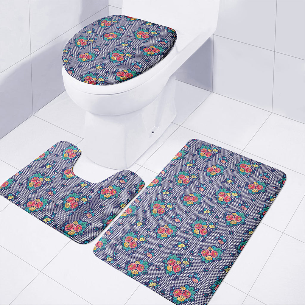 Blue And White Floral Glen Plaid Print 3 Piece Bath Mat Set