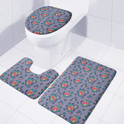 Blue And White Floral Glen Plaid Print 3 Piece Bath Mat Set