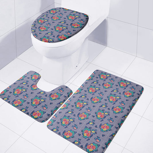 Blue And White Floral Glen Plaid Print 3 Piece Bath Mat Set