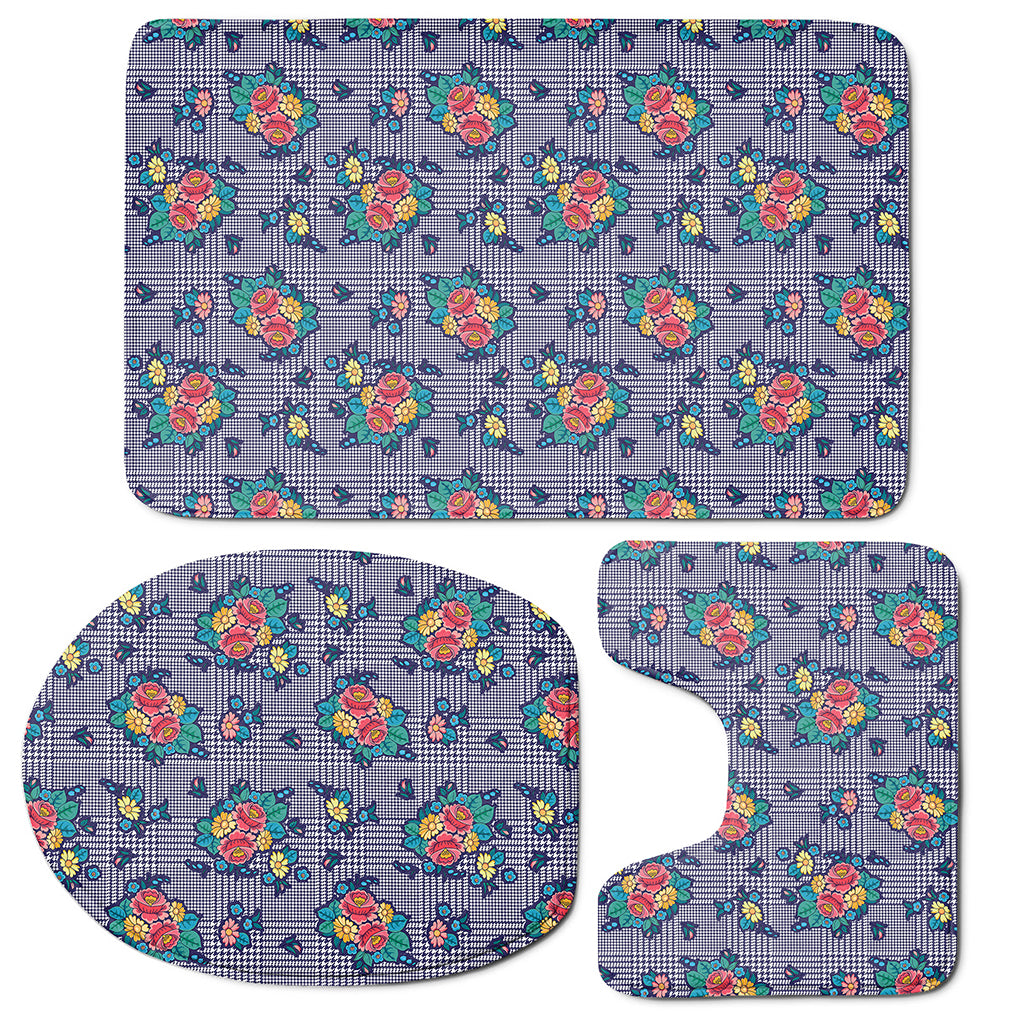 Blue And White Floral Glen Plaid Print 3 Piece Bath Mat Set