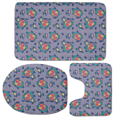 Blue And White Floral Glen Plaid Print 3 Piece Bath Mat Set