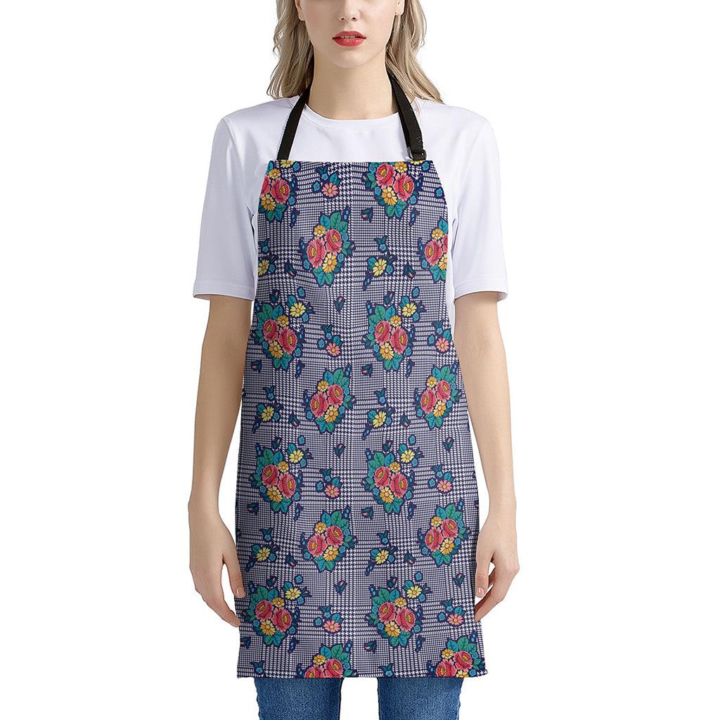 Blue And White Floral Glen Plaid Print Apron