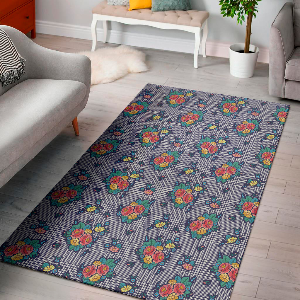 Blue And White Floral Glen Plaid Print Area Rug