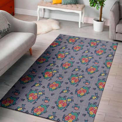 Blue And White Floral Glen Plaid Print Area Rug