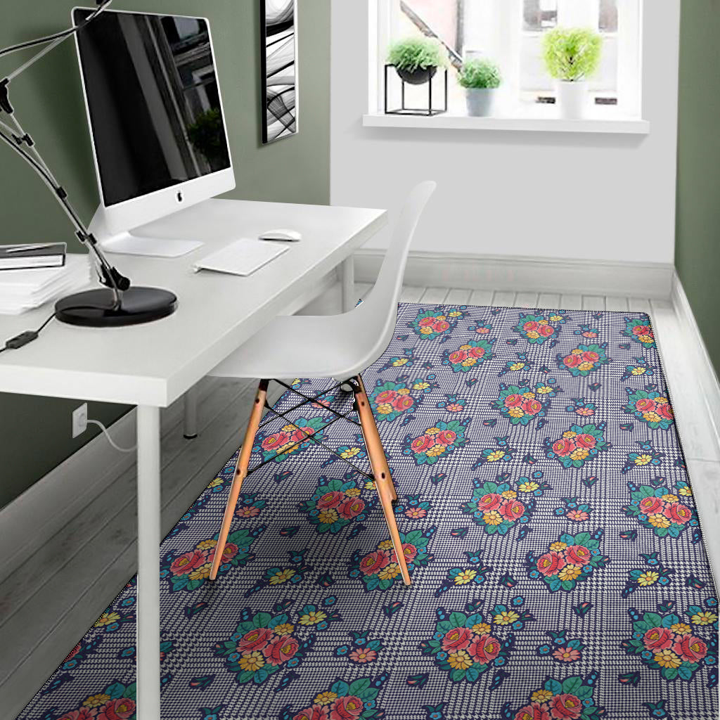 Blue And White Floral Glen Plaid Print Area Rug