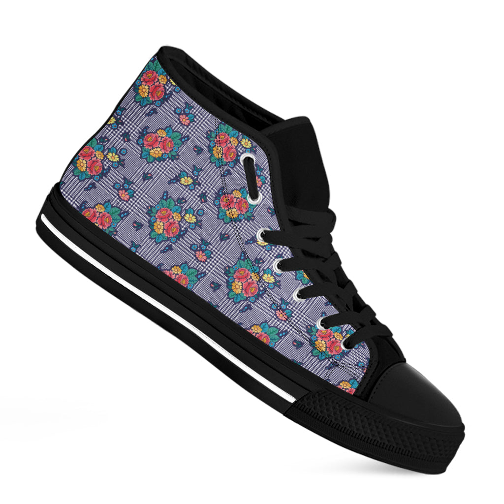 Blue And White Floral Glen Plaid Print Black High Top Shoes