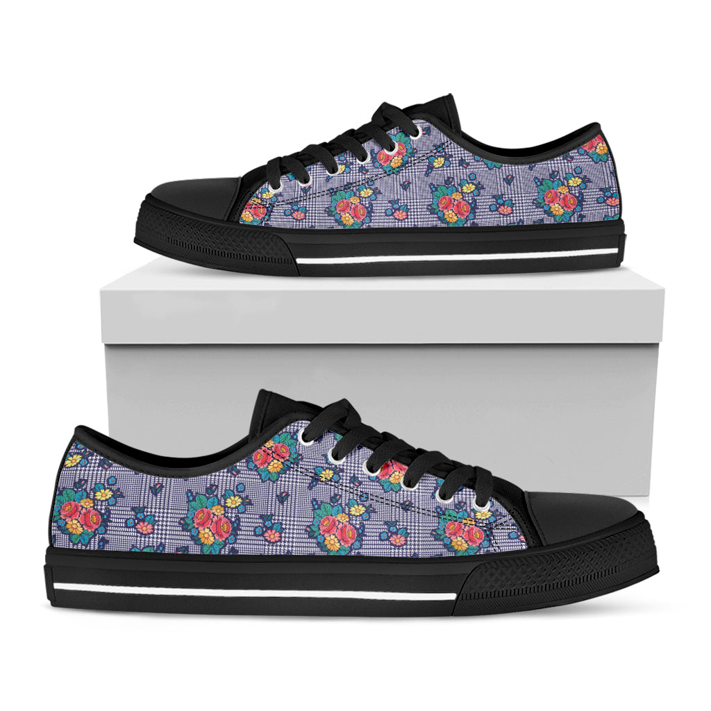 Blue And White Floral Glen Plaid Print Black Low Top Shoes