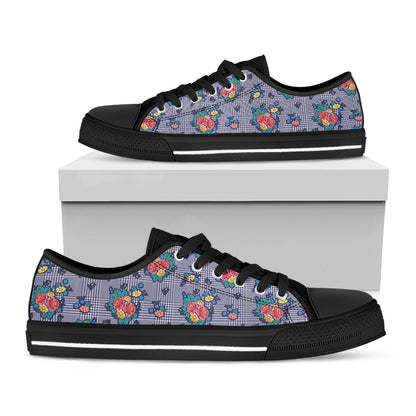 Blue And White Floral Glen Plaid Print Black Low Top Shoes