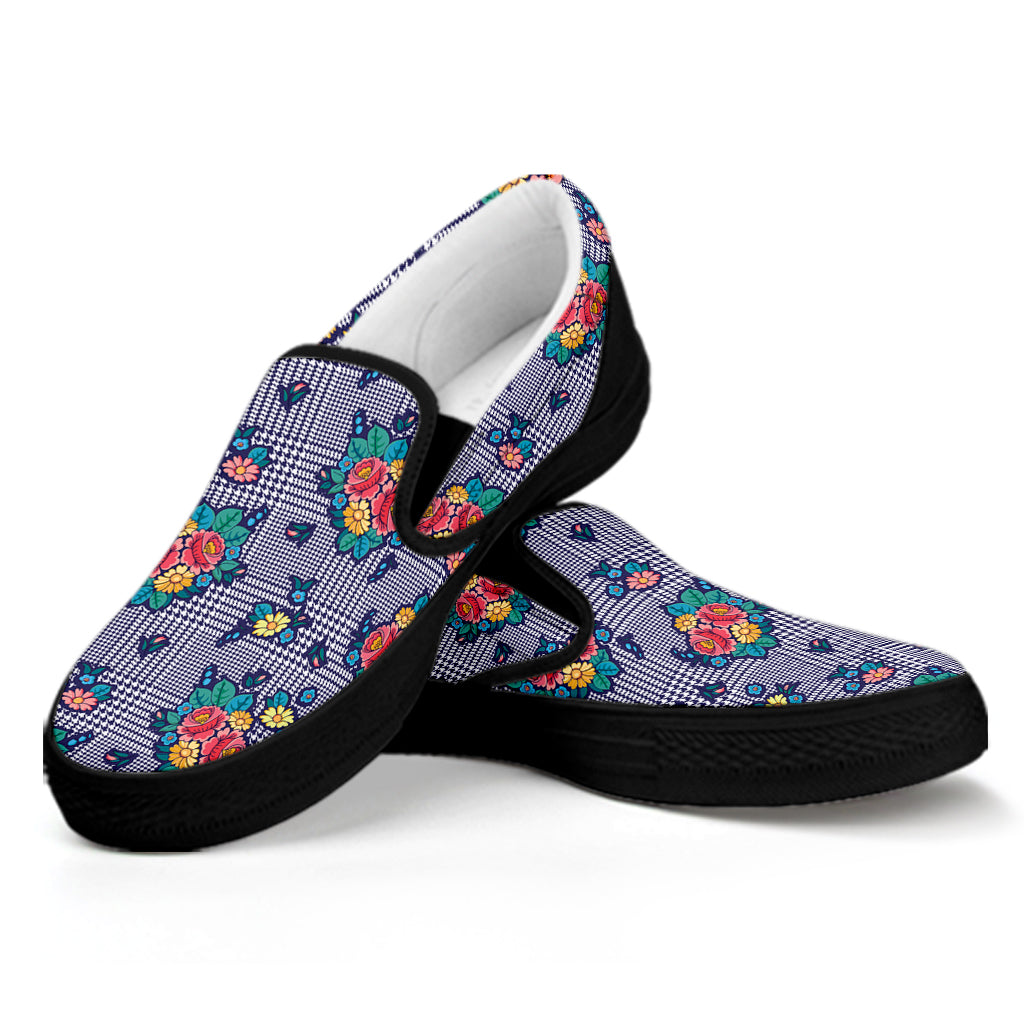 Blue And White Floral Glen Plaid Print Black Slip On Shoes