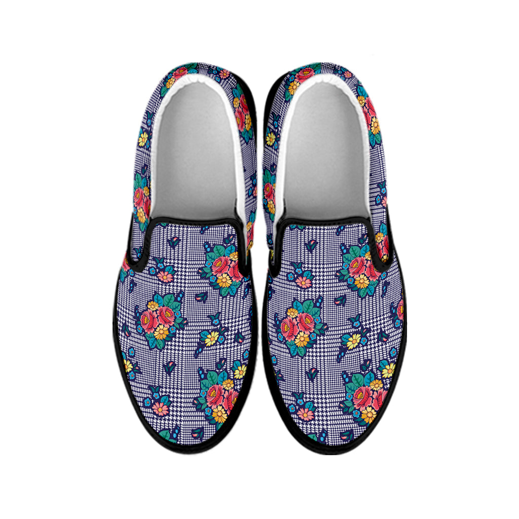 Blue And White Floral Glen Plaid Print Black Slip On Shoes