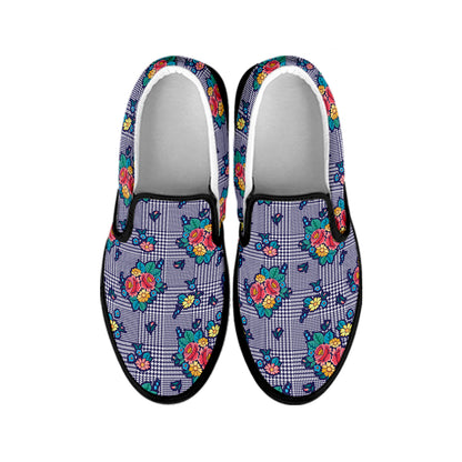 Blue And White Floral Glen Plaid Print Black Slip On Shoes