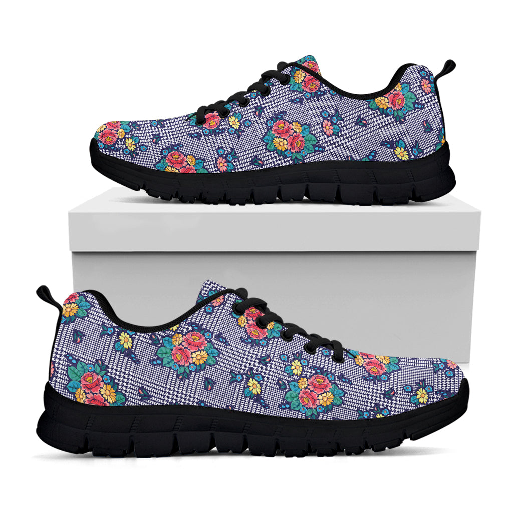Blue And White Floral Glen Plaid Print Black Sneakers