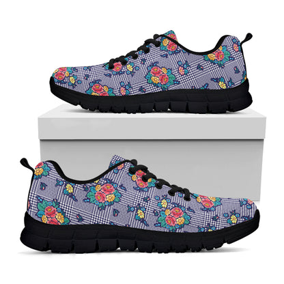 Blue And White Floral Glen Plaid Print Black Sneakers