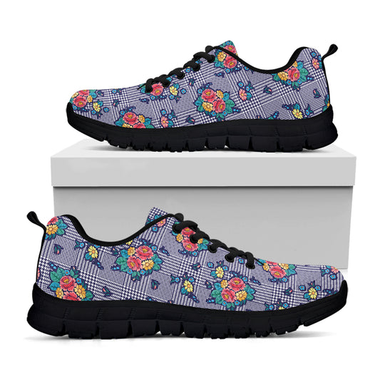 Blue And White Floral Glen Plaid Print Black Sneakers
