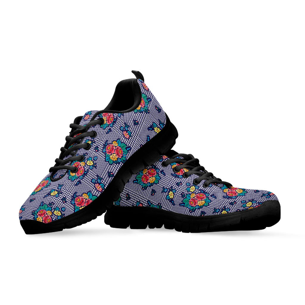 Blue And White Floral Glen Plaid Print Black Sneakers