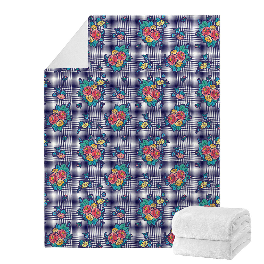 Blue And White Floral Glen Plaid Print Blanket