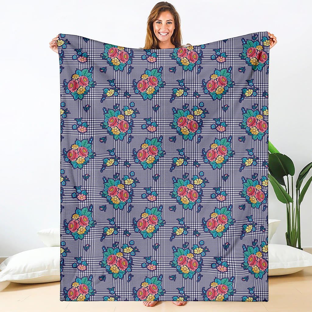 Blue And White Floral Glen Plaid Print Blanket