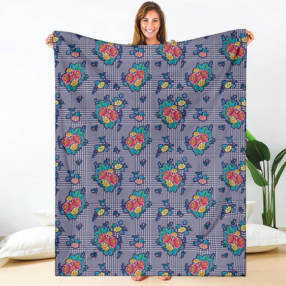 Blue And White Floral Glen Plaid Print Blanket