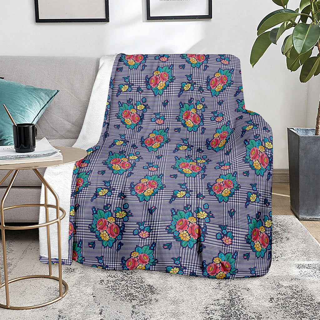 Blue And White Floral Glen Plaid Print Blanket