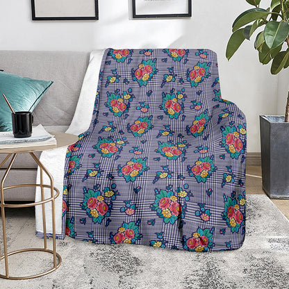 Blue And White Floral Glen Plaid Print Blanket