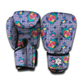 Blue And White Floral Glen Plaid Print Boxing Gloves