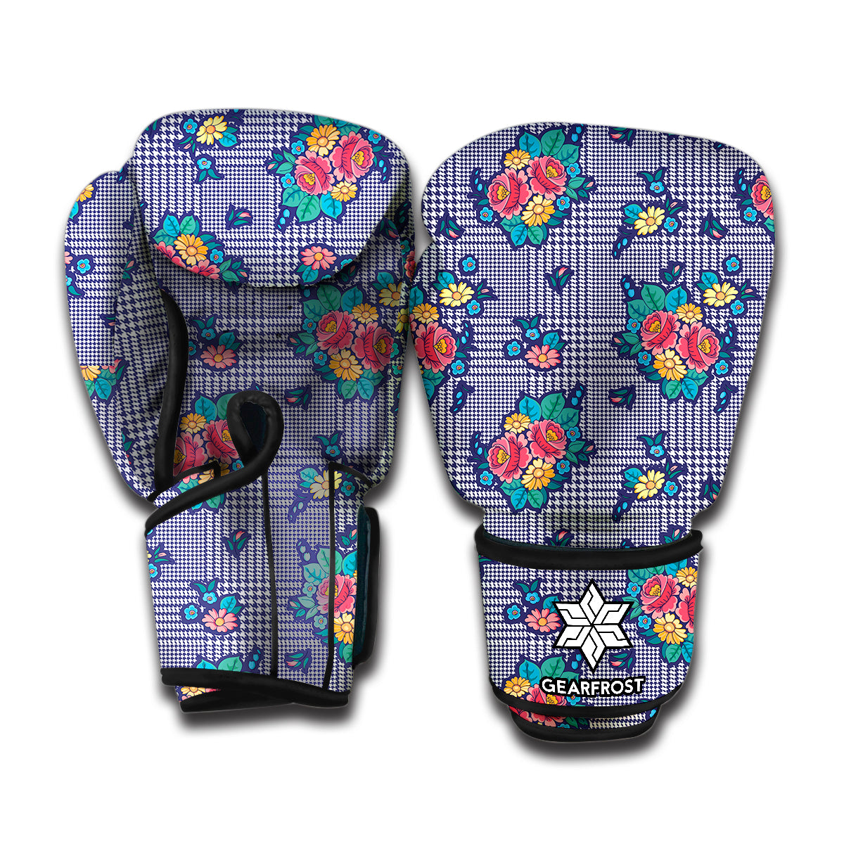 Blue And White Floral Glen Plaid Print Boxing Gloves