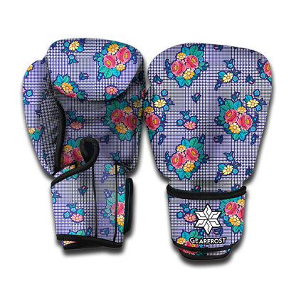 Blue And White Floral Glen Plaid Print Boxing Gloves