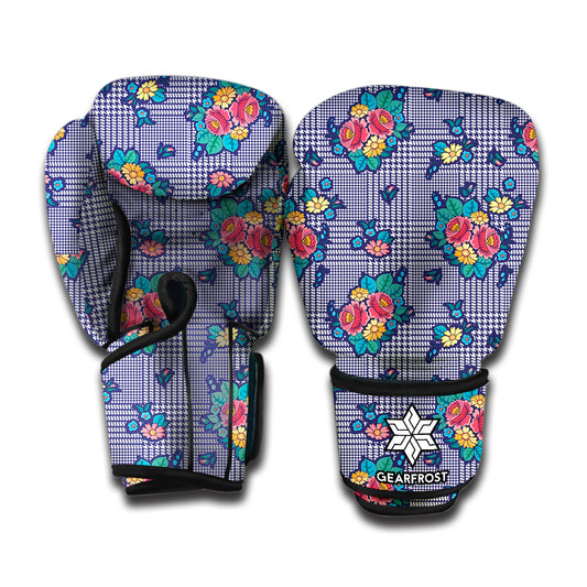 Blue And White Floral Glen Plaid Print Boxing Gloves