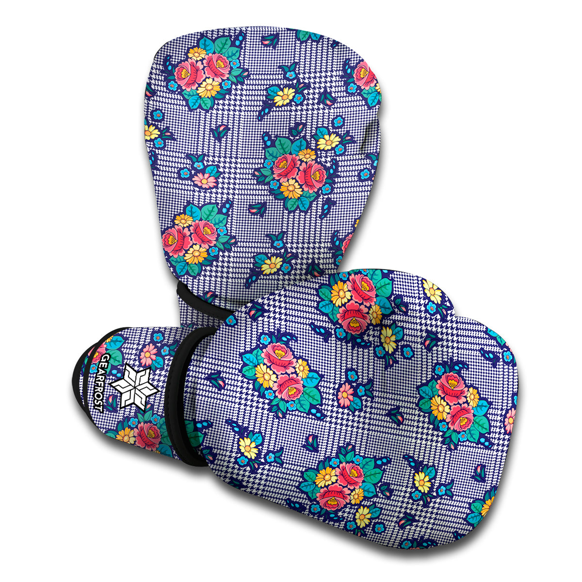 Blue And White Floral Glen Plaid Print Boxing Gloves