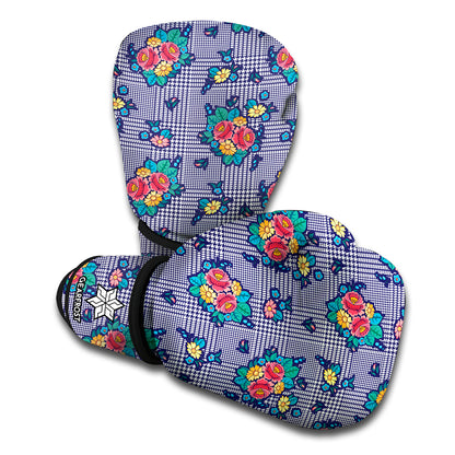 Blue And White Floral Glen Plaid Print Boxing Gloves