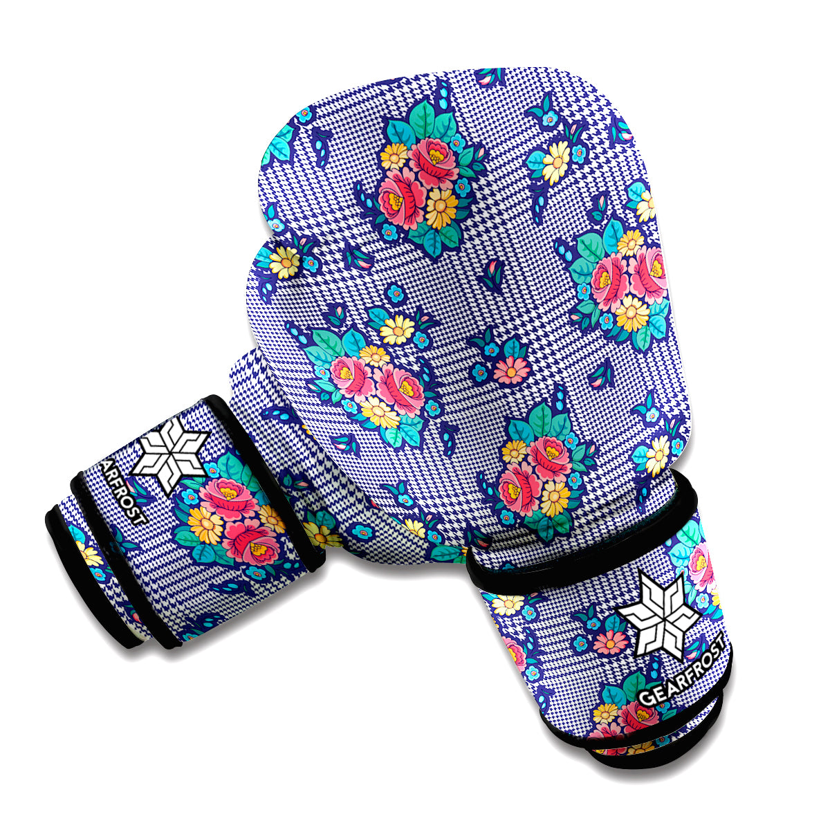 Blue And White Floral Glen Plaid Print Boxing Gloves