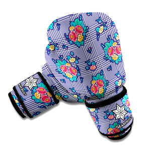 Blue And White Floral Glen Plaid Print Boxing Gloves