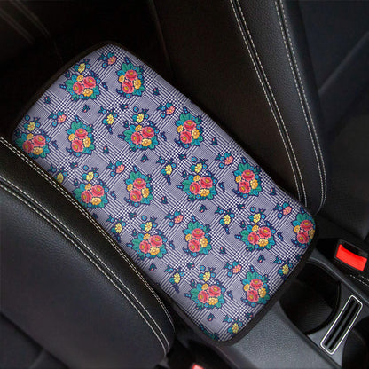 Blue And White Floral Glen Plaid Print Car Center Console Cover