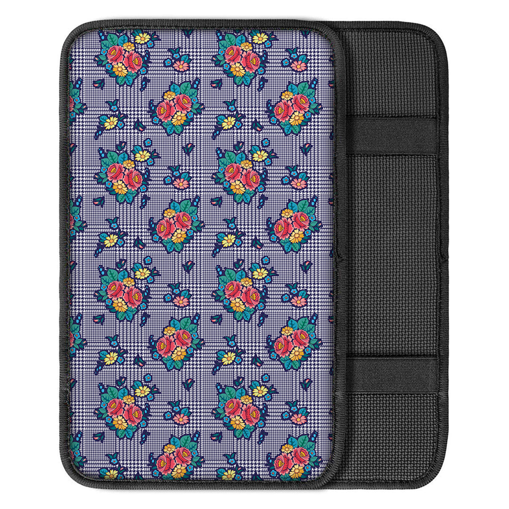 Blue And White Floral Glen Plaid Print Car Center Console Cover