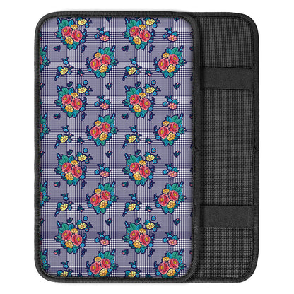 Blue And White Floral Glen Plaid Print Car Center Console Cover