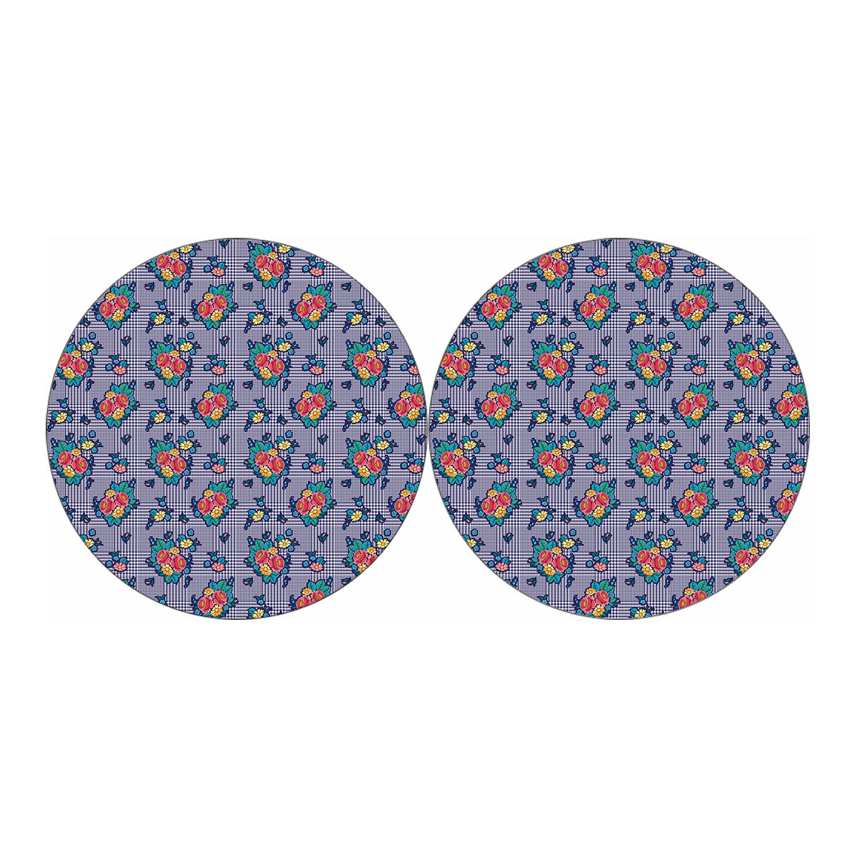 Blue And White Floral Glen Plaid Print Car Coasters