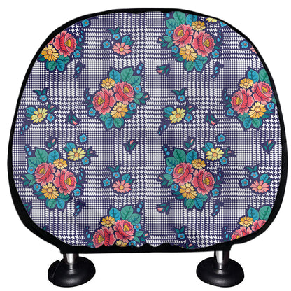 Blue And White Floral Glen Plaid Print Car Headrest Covers
