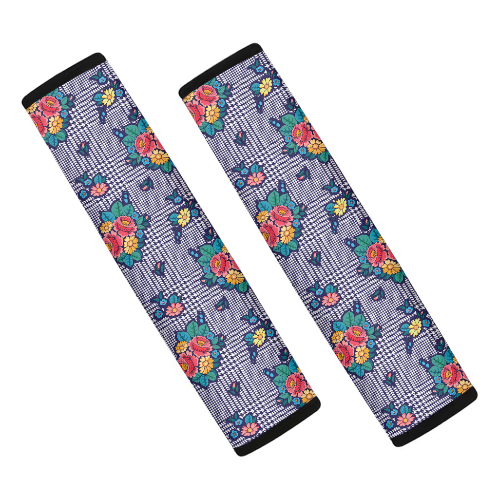 Blue And White Floral Glen Plaid Print Car Seat Belt Covers