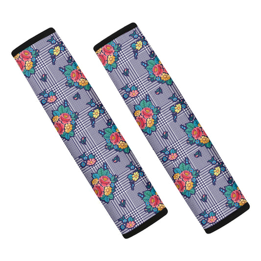 Blue And White Floral Glen Plaid Print Car Seat Belt Covers