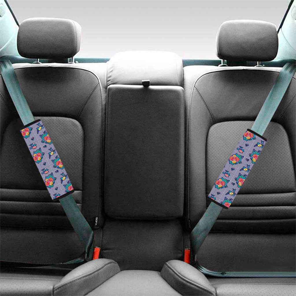 Blue And White Floral Glen Plaid Print Car Seat Belt Covers