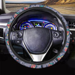 Blue And White Floral Glen Plaid Print Car Steering Wheel Cover