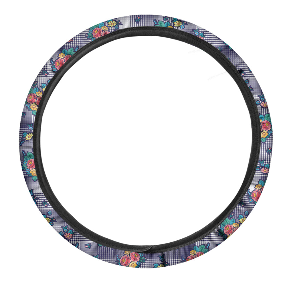 Blue And White Floral Glen Plaid Print Car Steering Wheel Cover