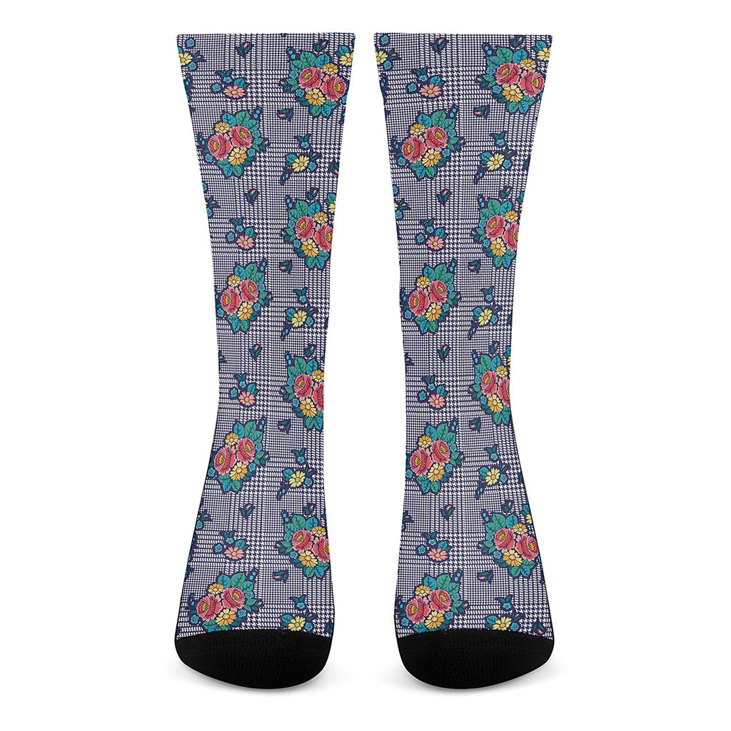 Blue And White Floral Glen Plaid Print Crew Socks