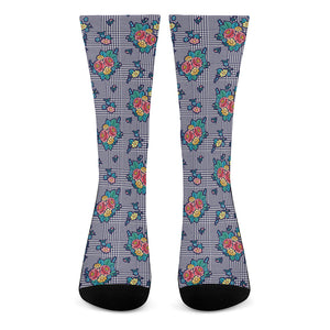 Blue And White Floral Glen Plaid Print Crew Socks