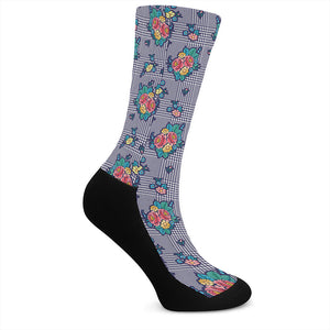 Blue And White Floral Glen Plaid Print Crew Socks